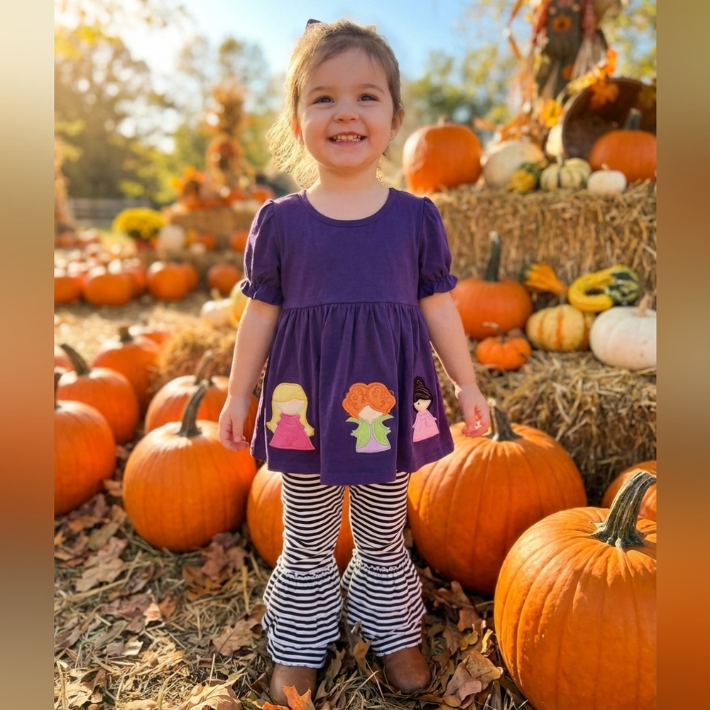 Abby & Evie Hocus Pocus 2pc Outfit With Stripped Ruffle Pants